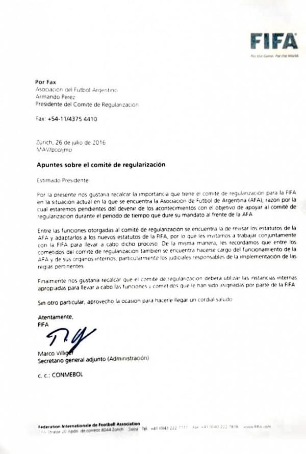 Esta es la carta que la FIFA le envió a la Comisión Regularizadora de la AFA que preside Armando Pérez y que es desoída por la actual intervención