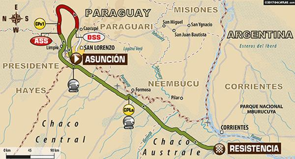 El mapa del primer tramo de la competencia entre Asunción y Resistencia (www.dakar.com)