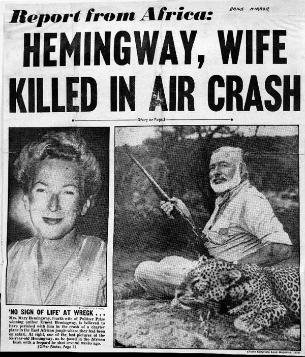 Tapa del periódico que dio por muerto a Ernest Hemingway en 1954.