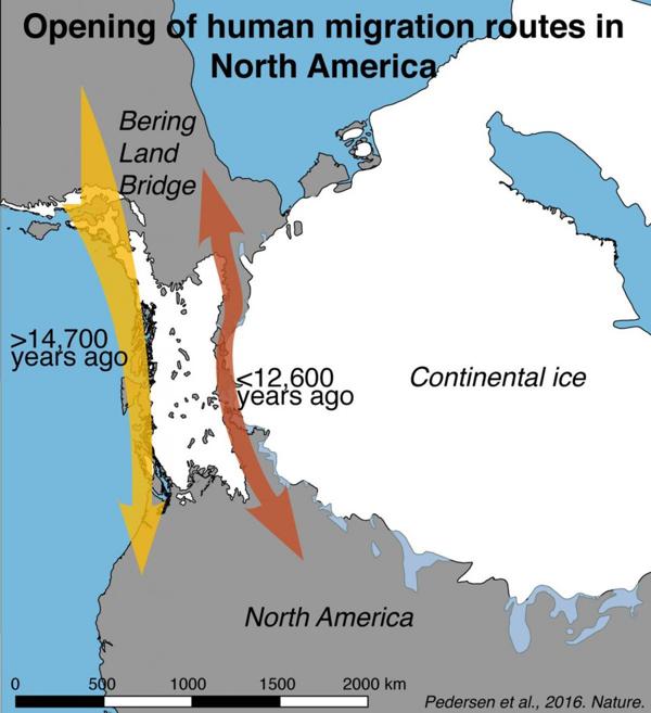 La flecha naranja muestra el paso por el que se creía que habían llegado los hombres. En amarillo está la costa, la nueva ruta hipotetizada por los investigadores