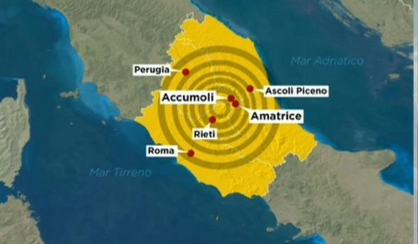 El mapa muestra la ubicación del epicentro del sismo (Rainews24)