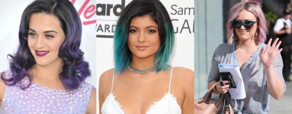 Katy Perry optó por el tono violeta, Kendall Jenner en verde esmeralda y Nicole Richie en rosa, todas con melena midi
