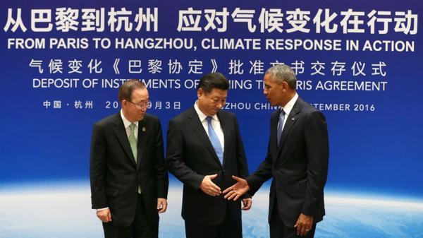 El secretario general de la ONU, Ban Ki-moon, el presidente de China, Xi Jinping, y el jefe de Estado de Estados Unidos, Barack Obama (AP)