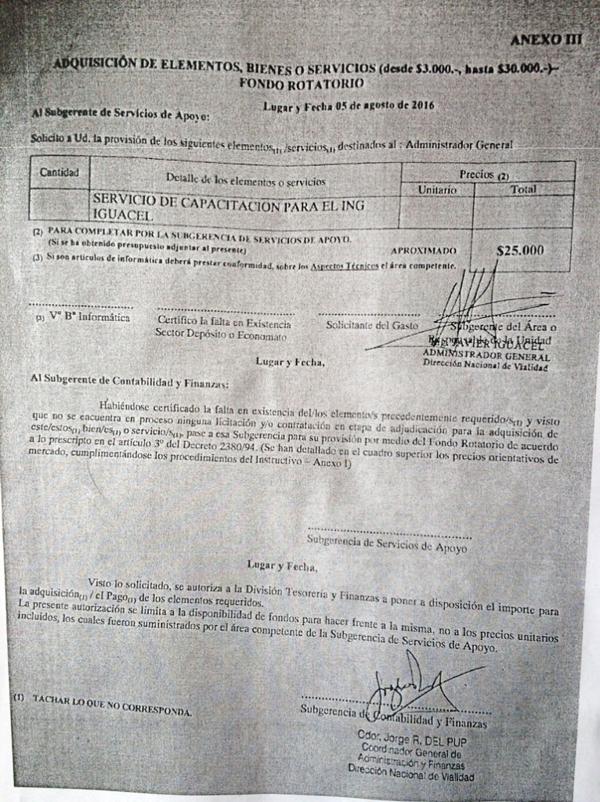 La autorización para el pago de “Servicios de Capacitación para el Ingeniero Iguacel”