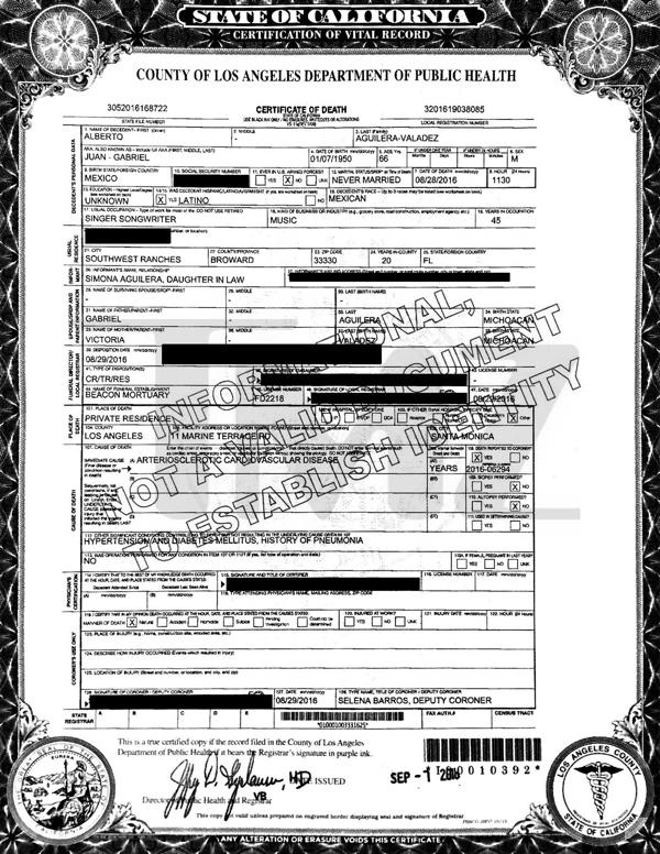 El certificado de defunción de Juan Gabriel