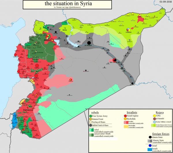 Mapa de Siria actualizado al 1 de septiembre de 2016, realizado por Thomas van Linge y publicada en el blog de Pieter van Ostaeyen