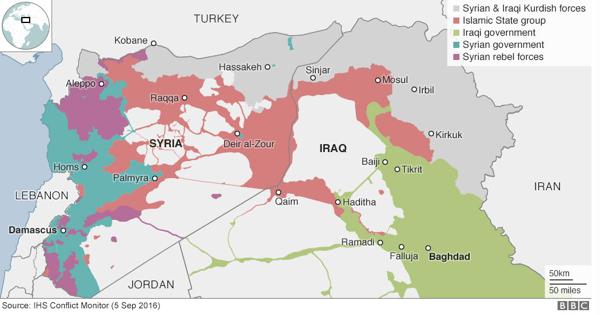 En color gris, el territorio controlado por los kurdos en Irak y Siria (BBC)