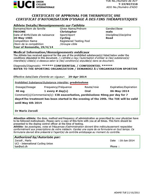Christopher Froome dio positivo por prednisona en mayo de 2014