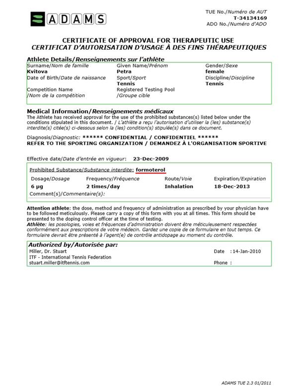 Kvitova Petra dio positivo por formoterol en 2009