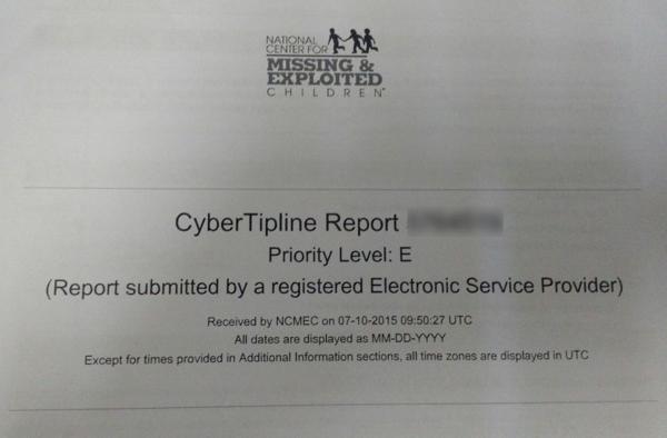 Carátula de una denuncia de NCMEC remitida a la Justicia argentina.