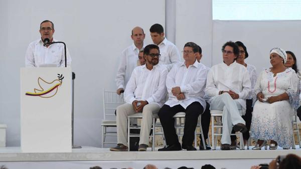 Timochenko, durante su discurso en la firma del acuerdo de paz en Cartagena (AFP)