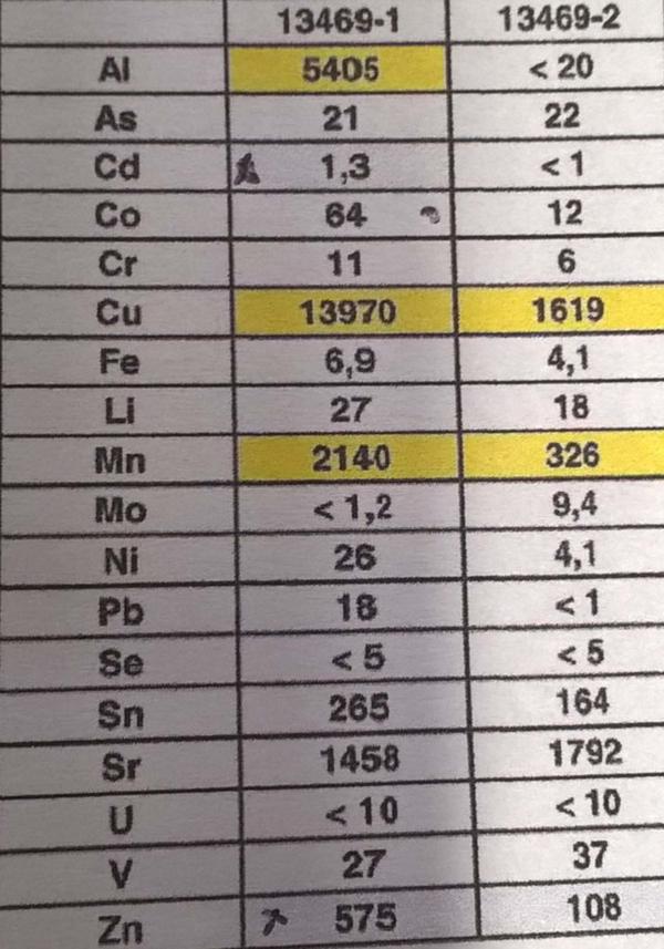 La columna de la izquierda muestra los resultados de los análisis de agua del arroyo y la de la derecha, los de la laguna.