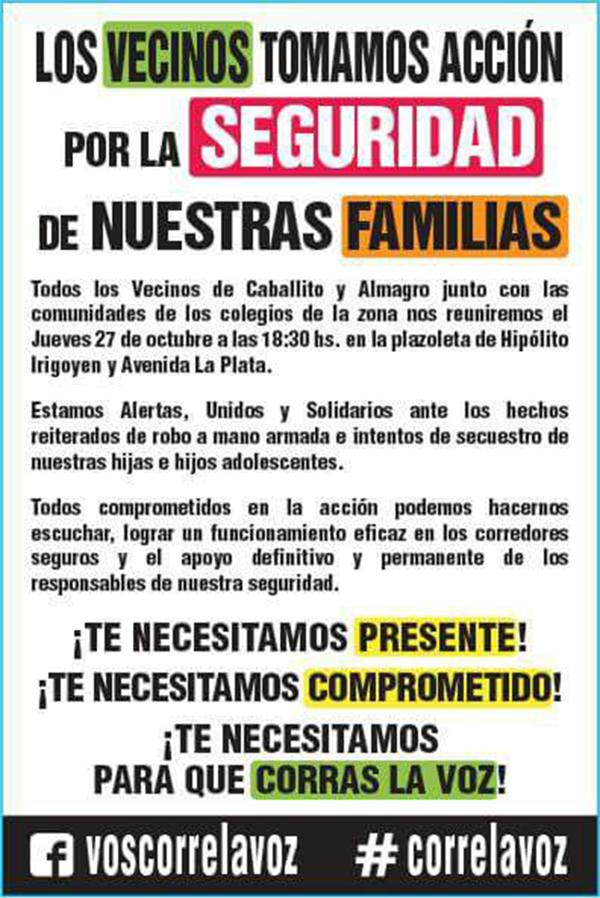 El folleto que repartieron los padres y vecinos de Caballito y Almagro