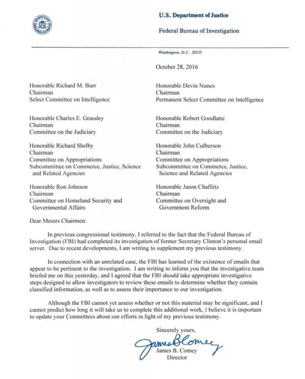 La solicitud enviada por Comey alk Congreso