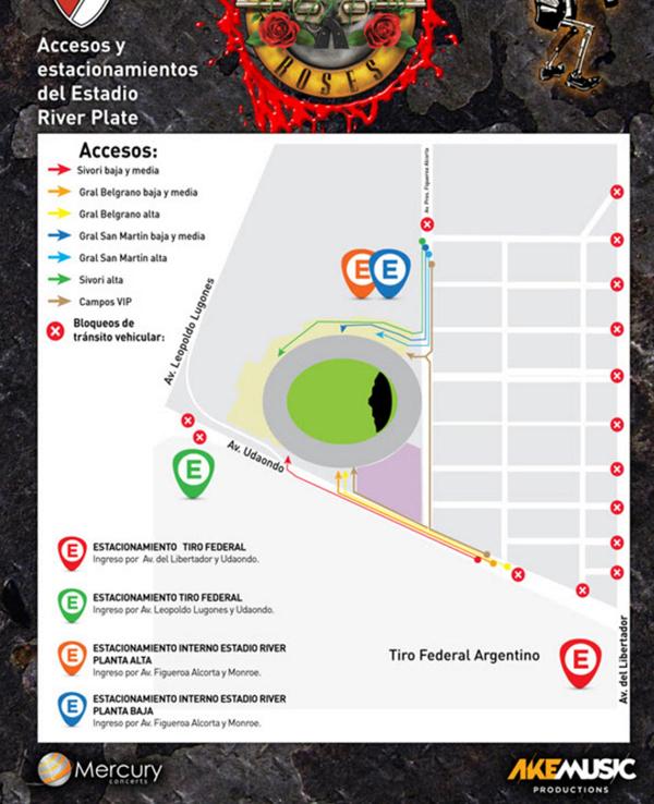 El mapa con los accesos y estacionamientos del Monumental