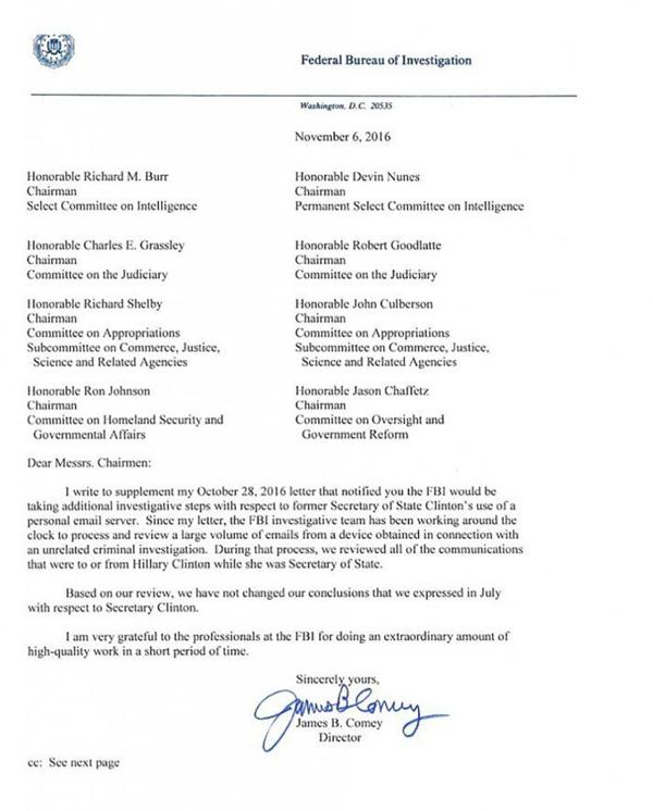 El documento que envió James Comey al Congreso de Estados Unidos