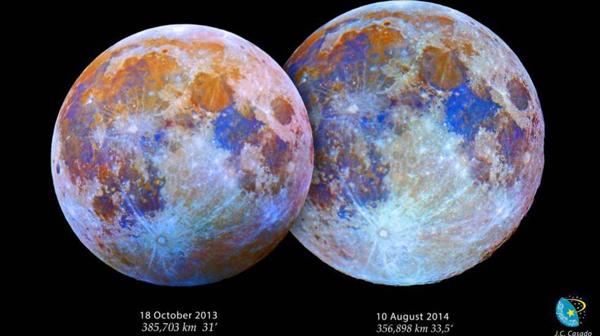 Los ejemplos de dos lunas llenas. El primer ejemplo, situada en el apogeo; el segundo, en el perigeo