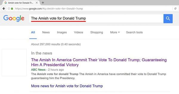 En Google también tomaron la noticia del apoyo amish a Donald Trump como cierta