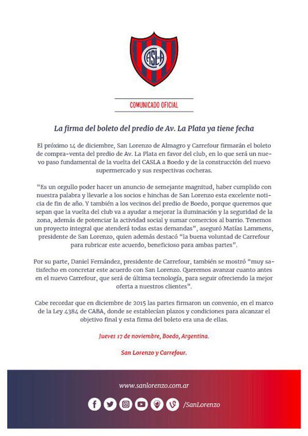 El comunicado oficial de San Lorenzo