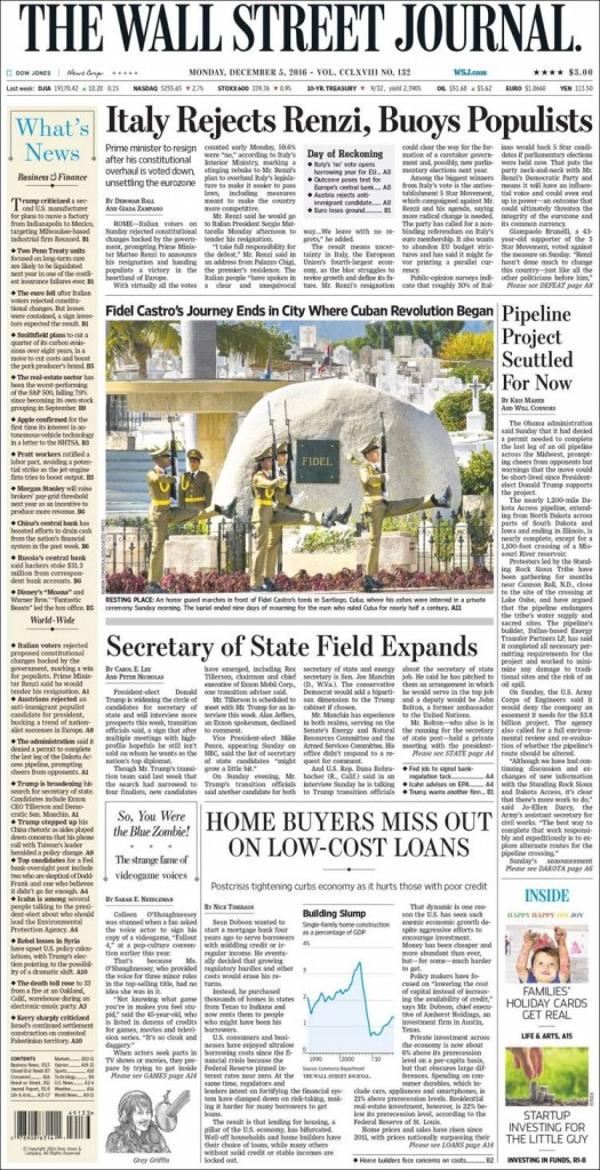 En The Wall Street Journal, de Estados Unidos, se establece que Italia “rechaza a Renzi y atrae populistas”