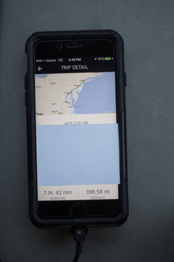 Una captura de pantalla del viaje de 639 km de Virginia a Brooklyn (Chet Strange)