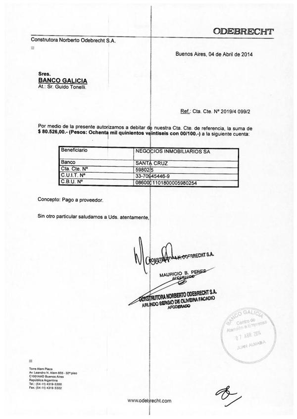 Facsímil de la operación bancaria entre la empresa brasileña y la inmobiliaria de los Kirchner