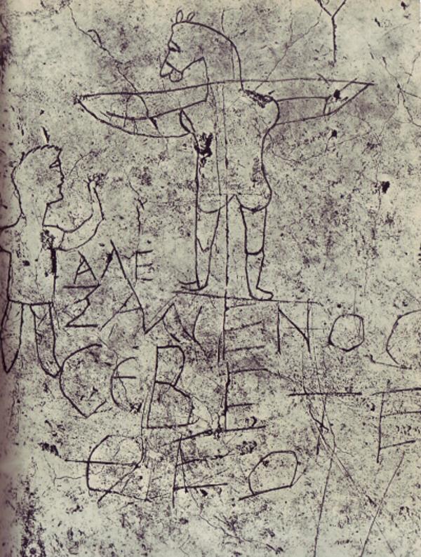 Grafito de Alexámenos. Una burla al Dios de los cristianos representado en la cruz con cabeza de animal.