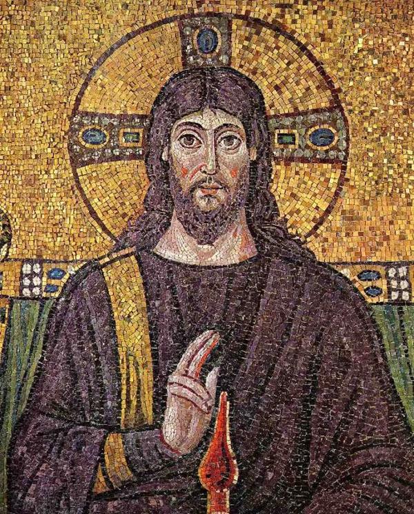 Cristo como pantocrátor (el que todo lo gobierna) en un mosaico de San Apolinar el Nuevo. Rávena. Mosaico bizantino del siglo VI