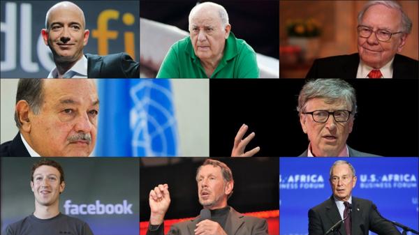 Los 8 hombres más ricos del mundo. De izquierda a derecha (de arriba abajo): Jeff Bezos, Amancio Ortega, Warren Buffett, Carlos Slim, Bill Gates, Mark Zuckerberg, Larry Ellison, Michael Bloomberg