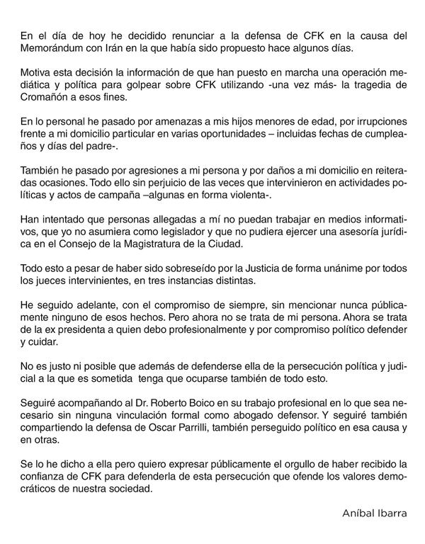 La carta de renuncia de Ibarra