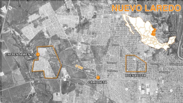 El mapa del recorrido de los Policías Estatales. La camioneta fue trasladada 5 kilómetros de Madero al lugar del supuesto enfrentamiento. Las personas levantadas pertenecían a la colonia Buenavista (Mapa: Infobae)