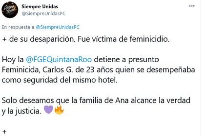Las colectivas Siempre Unidas y Defensoras Digitales de Quintana Roo dieron apoyo y seguimiento en el caso (Captura: Twitter @SiempreUnidasPC)