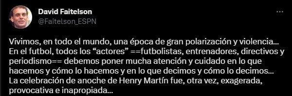 Faitelson criticó el festejo de Henry Martin (Twitter/@Faitelson_ESPN)