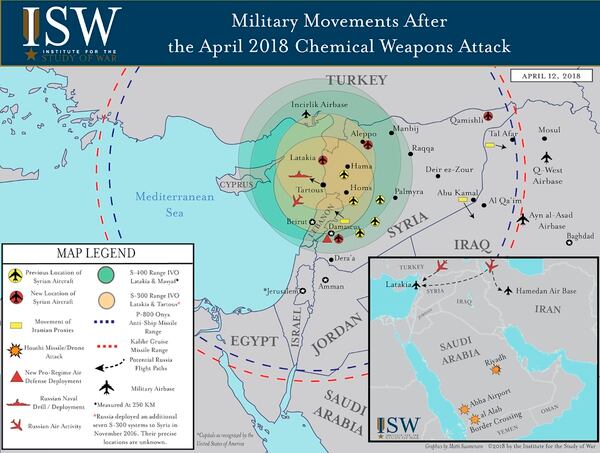 Los movimientos de las fuerzas del rÃ©gimen sirio y de Rusia en los Ãºltimos dÃ­asÂ (traducciÃ³n de referencias) (columna izquierda): 1. UbicaciÃ³n previa de la aviaciÃ³n siria; 2. Nueva ubicaciÃ³n de la aviaciÃ³n siria; 3. Movimientos de los grupos impulsados por IrÃ¡n; 4. Ataque con misil/drone de las fuerzas hutÃ­es; 5. Nuevo despliegue aÃ©reo de la Defensa prorrÃ©gimen; 6. Ejercicio/Despliegue naval ruso; 7. Actividad aÃ©rea rusa. (traducciÃ³n de referencias) (columna derecha): 1. Alcance del sistema de misiles S-400 en Latakia y Masyaf; 2. Alcance del sistema de misiles S-300 en Latakia y Masyaf; 3. Alcance del sistema de misiles antibuque P-800 Onyx; 4. Alcance de los misiles Kalibr Cruise; 5. Rutas de vuelo potenciales de la aviaciÃ³n rusa; 6. Base aÃ©rea