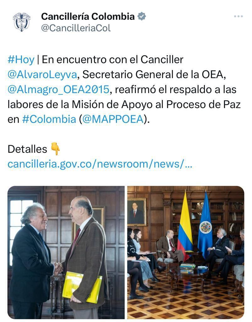 El canciller de Colombia recibió este jueves 1 de junio al secretario general de la OEA, Luis Almagro.