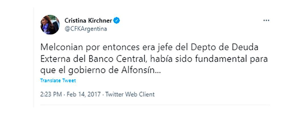 El tuit de cristina sobre Melconian en 2017