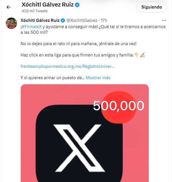 Xóchitl Gálvez anunció que ya está cerca de las 500 mil firmas. | Captura de pantalla