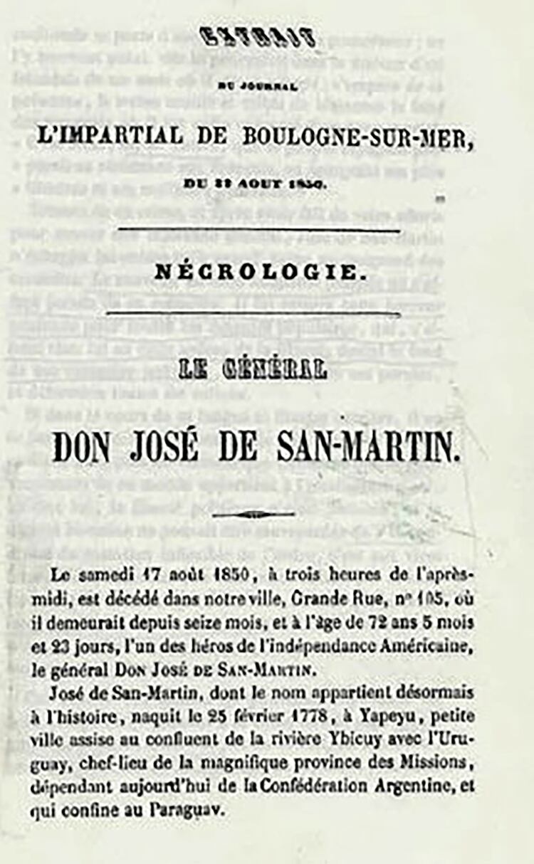 La necrológica de San Martín escrita por Adolphe Gérard y publicada en el periódico de Boulogne-sur-Mer puede ser considerada como la primera biografía del Libertador