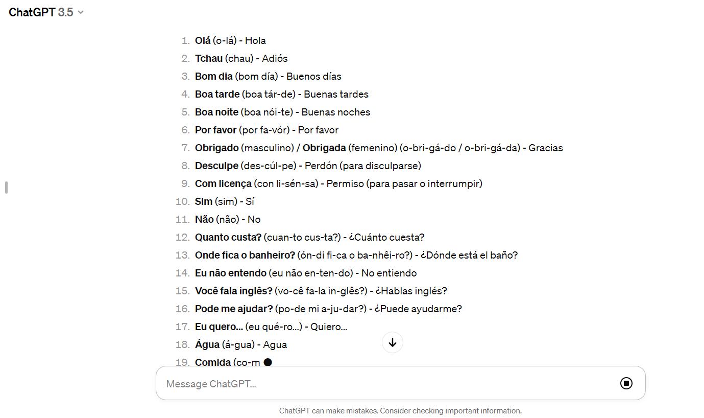 La IA ofrece una lista de palabras y frases básicas en portugués. (ChatGPT)