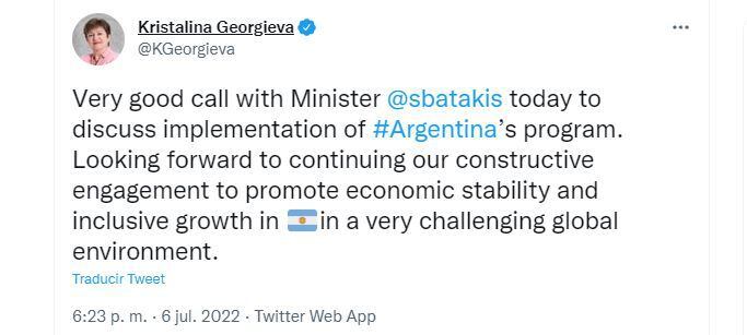 Tuit Kristalina Georgieva, directora general del FMI, tras su conversación con Silvina Batakis