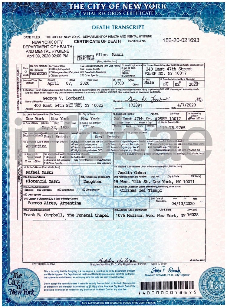 El certificado de defunción que se le entregó a Aerolíneas Argentinas