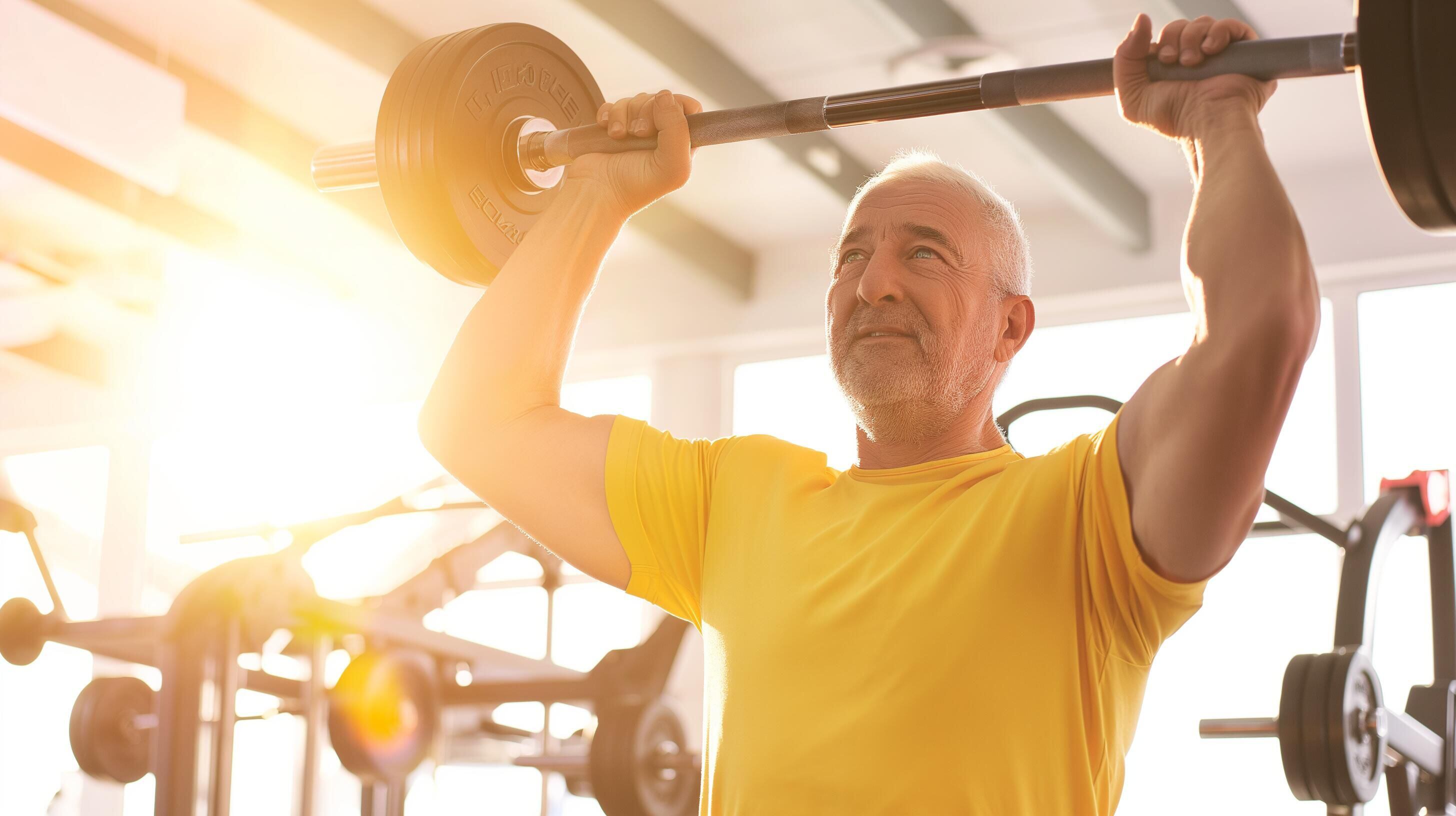 Hombre mayor levanta pesas en el gimnasio, destacando la importancia del ejercicio para la salud y el bienestar a lo largo de la vida. Descubre cómo el entrenamiento contribuye a una vitalidad duradera. (Imagen Ilustrativa Infobae)