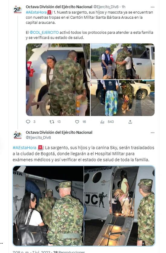 Sobre las 7:08 p. m. se conoció que la sargento, sus hijos y su  mascota, así como su hermano y su esposo, serán trasladados a Bogotá. @Ejercito_Div8/Twitter.