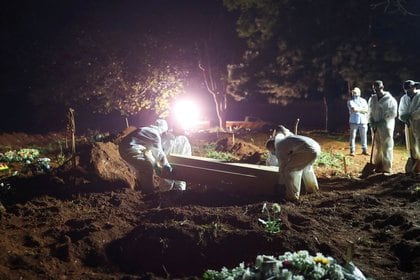 Sepultureros con trajes protectores llevan un ataúd de un hombre de 32 años que murió por la enfermedad del coronavirus, cementerio de Vila Formosa en San Pablo, Brasil, el 30 de marzo de 2021.
REUTERS/Amanda Perobelli