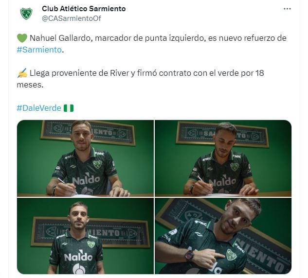 Sarmiento anunció a Nahuel Gallardo, ex River Plate, como refuerzo