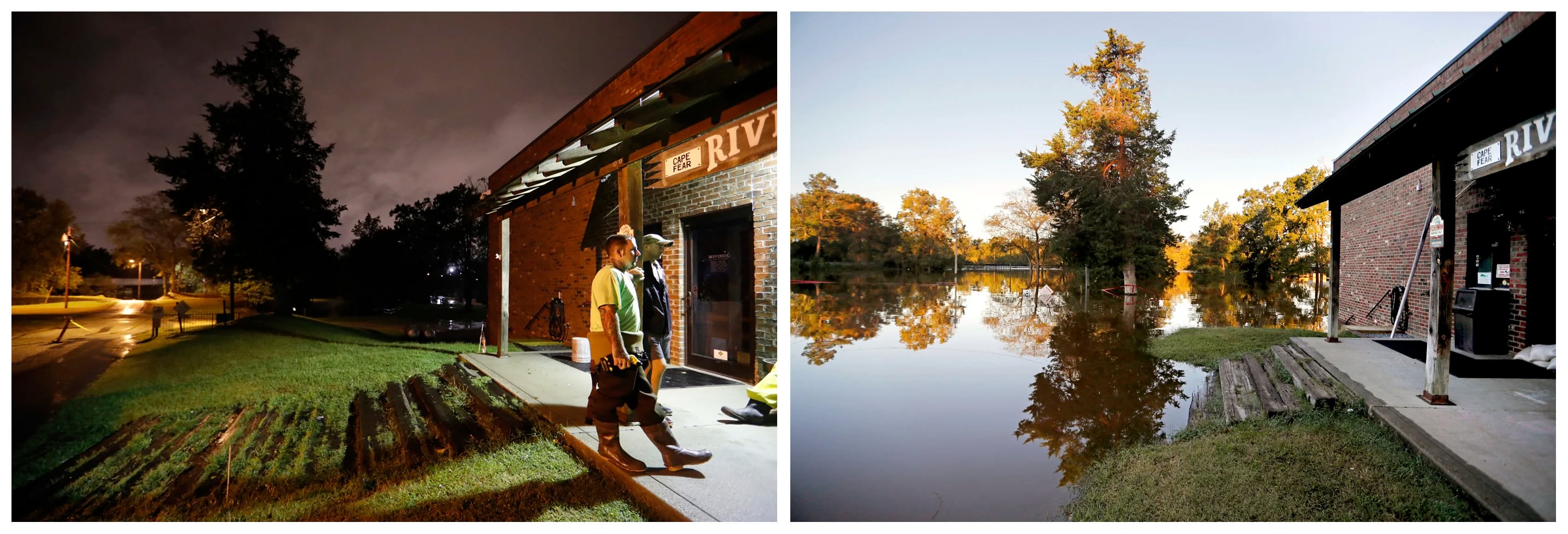 Esta combinación de fotografías muestra el río Cape Fear al fondo, detrás de una tienda de cebos y aparejos, el 16 de septiembre de 2018, a la izquierda, y después el 19 de septiembre, a la derecha, con zonas inundadas, tras el paso del huracán Florence, en Fayetteville, Carolina del Norte. (AP Foto/David Goldman)