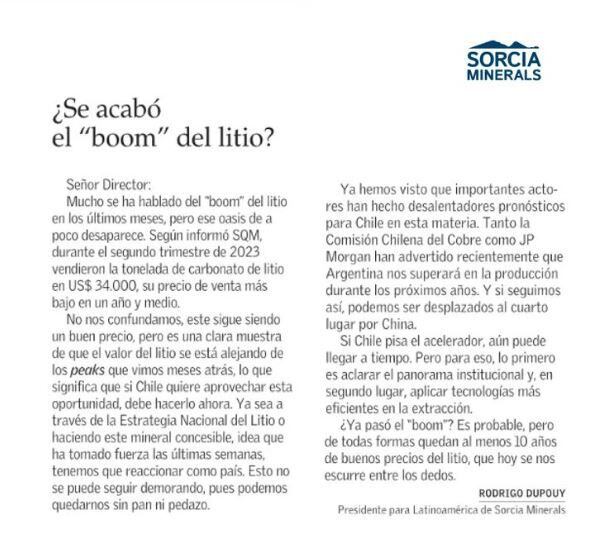 El alerta de Dupouy, presidente de una minera chilena, sobre el eventual "sorpasso" argentino