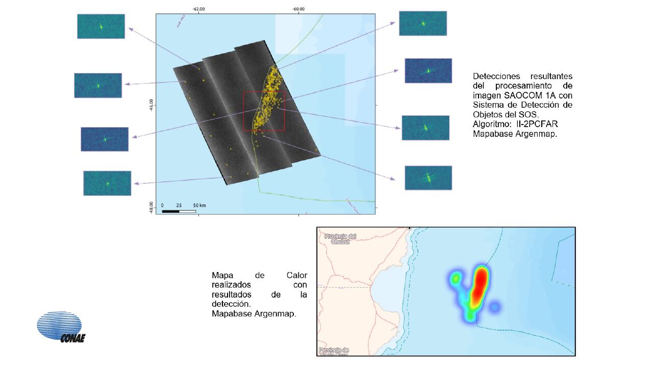 Barcos detectados con los satélites de la Constelación SAOCOM 1 en la zona de Agujero Azul). En la imagen menor se observa un mapa de calor (densidad de barcos) derivado de las detecciones satelitales/CONAE