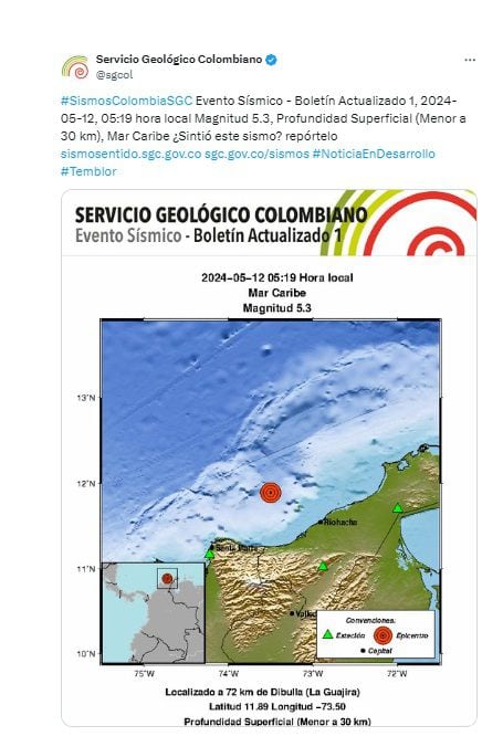 El Servicio geológico Colombiano (SGC) registró un temblor en el mar Caribe a las 5 de la mañana del domingo. (Crédito: @sgcol / X)