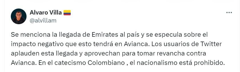 El usuario Álvaro Villa cree que la llegada de Emirates a Colombia será una oportunidad para tomar revancha con Avianca - crédito @alvilla/X
